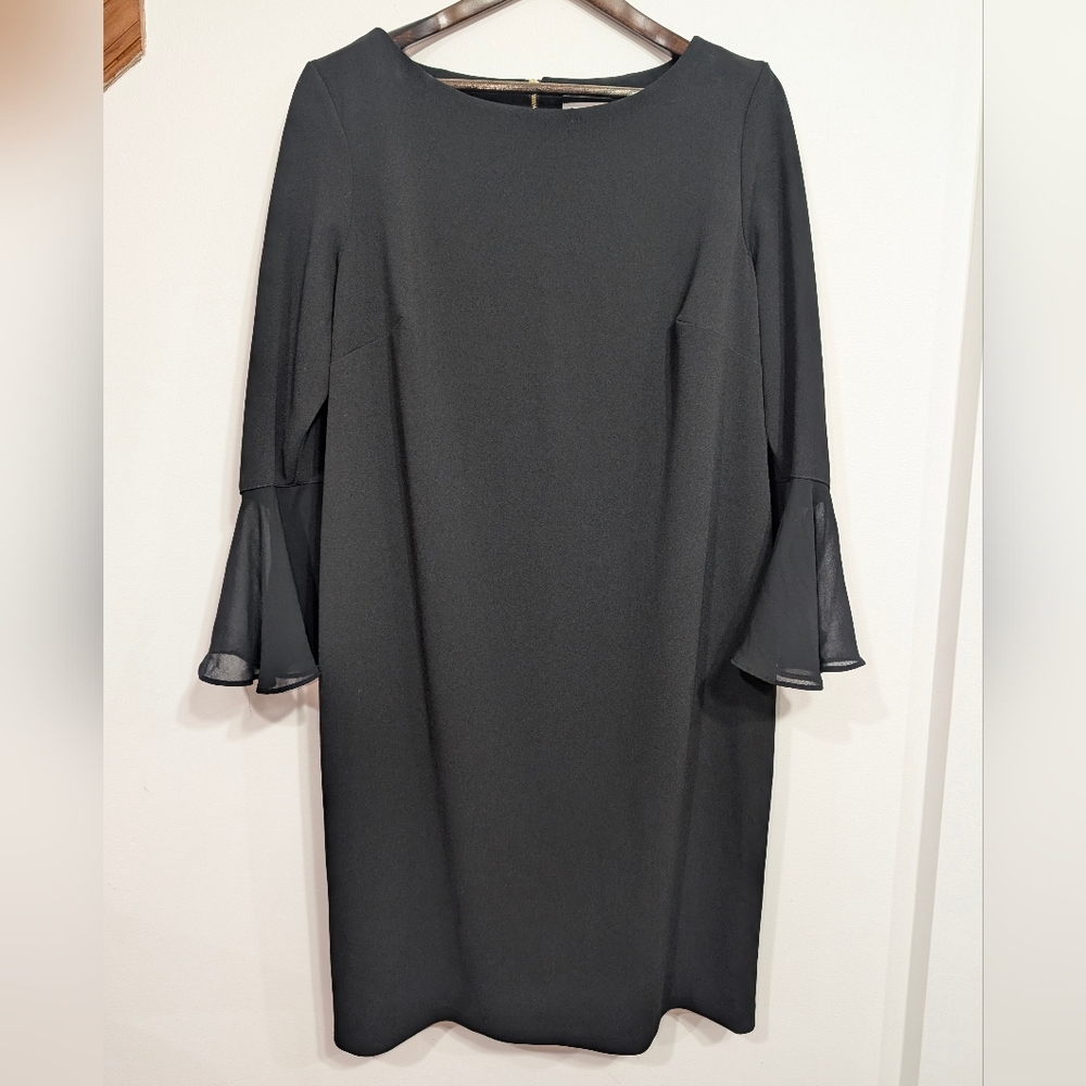 Calvin Klein Women's 20W Black Long Sheer Button Sleeve Shift Cocktail Dress